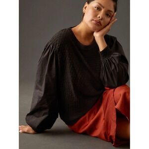 Anthropologie Porridge Clothing Black Mixed Media Puff Sleeve Textured Top  3X